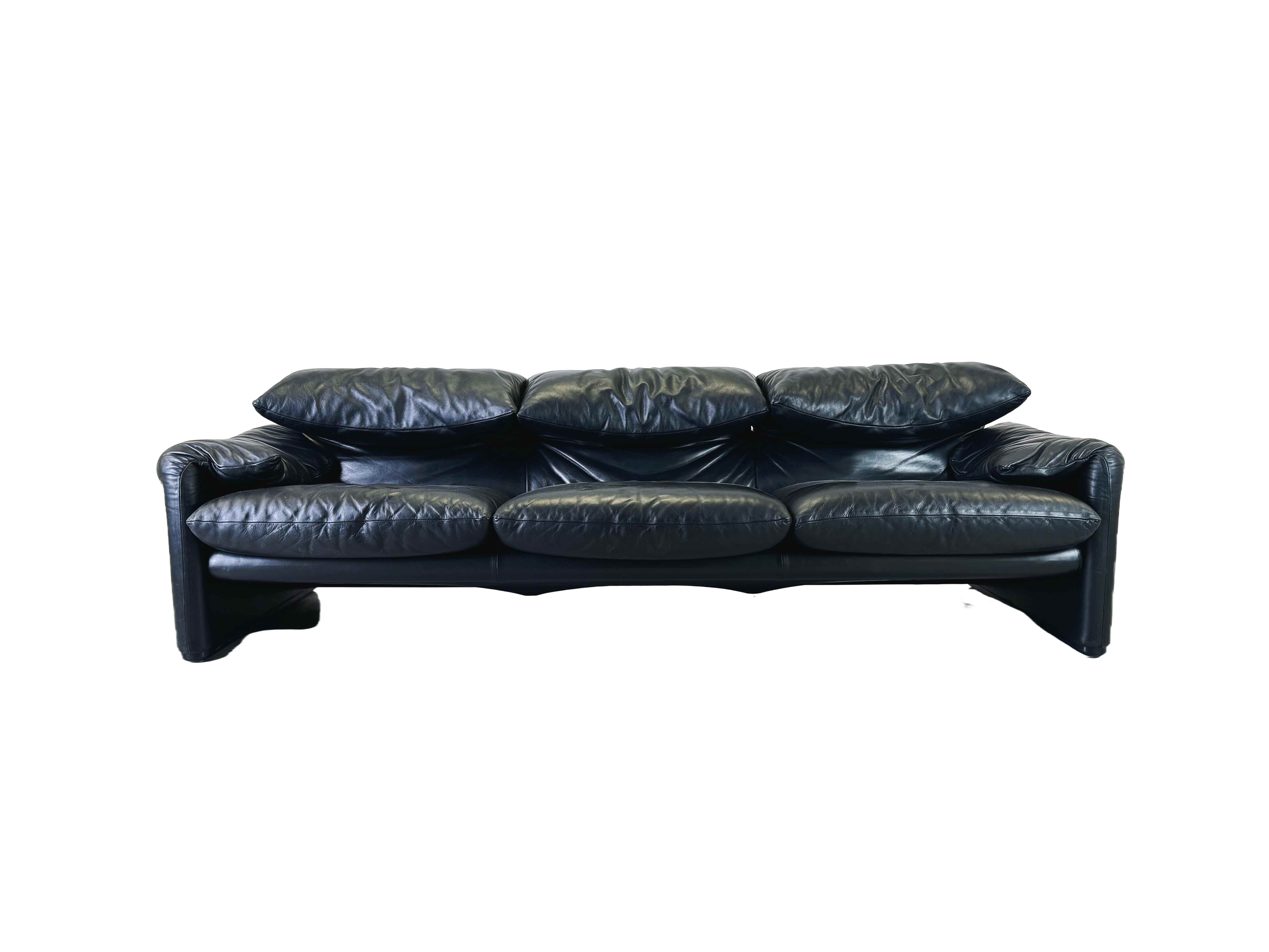 Cassina Maralunga 3-Sitzer Sofa Vintage Couch Vico Magistretti Leder schwarz